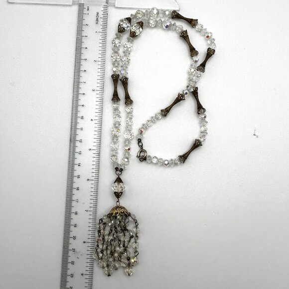 Vintage Aurora Borealis Crystal Tassel Necklace 26” Filigree Midcentury Cocktail - Picture 3 of 16